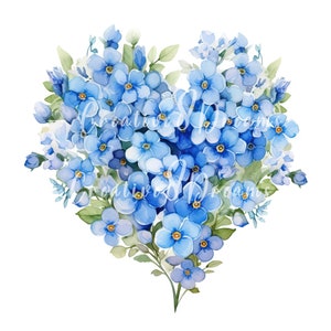 Pacote de clipart de buquê de flores "Miosótis" em formato de coração - 10 JPGs em aquarela de alta qualidade - Suprimentos para diário, scrapbook, download digital