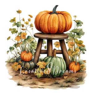 May include: A watercolor painting of a wooden stool with a large orange pumpkin on top. There are three smaller pumpkins, one orange and two green, surrounding the stool. The pumpkins are surrounded by green and yellow leaves.