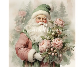 Pink Sage Floral Santa Clipart Bundle- 10 High Quality Watercolor JPGs- Winter Holidays, Journaling, Scrapbook Supply, Digital Download