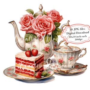 Conjunto de chá vintage de porcelana com flores e bolo - 10 JPGs em aquarela de alta qualidade - Diário, Scrapbooking, Download digital