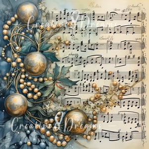 Blaue Weihnachtsmusiknoten mit Perlen Clipart Bundle - 10 hochwertige Aquarell JPGs - Urlaub, Journaling, Scrapbook, digitaler Download