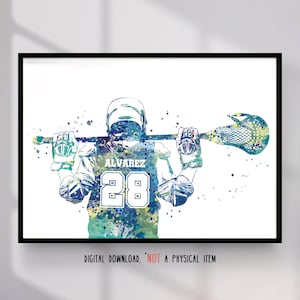 Jogador de lacrosse personalizado com nome e número, pôster esportivo em aquarela, presente