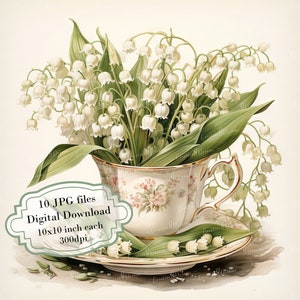 Fleur de muguet dans une tasse de thé vintage Clipart Bundle - 10 JPG aquarelles de haute qualité - journalisation, scrapbooking, téléchargement numérique