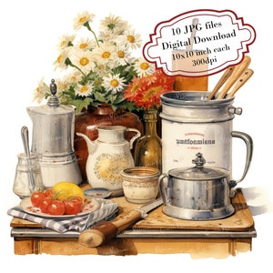 Paquete de imágenes prediseñadas de desorden de cocina retro vintage: 10 archivos JPG de acuarela de alta calidad. Manualidades de cocina, diario, scrapbooking y descarga digital.