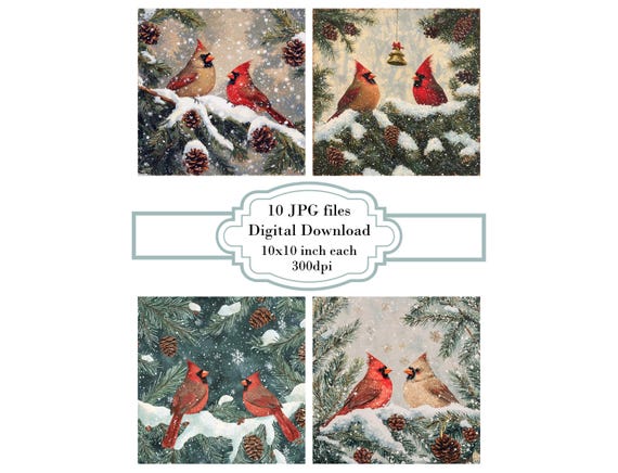 Red Cardinals on Snowy Pine Branches JPG Clipart Bundle- Digital Download