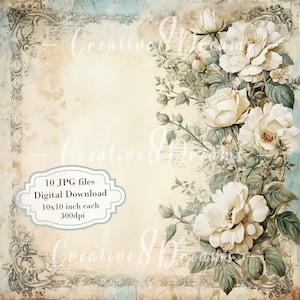 Paquete de imágenes prediseñadas de página vintage con rosas blancas: 10 archivos JPG de acuarela de alta calidad. Decoupage, scrapbooking, descarga digital.