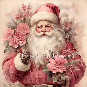 Pacote de clipart de Papai Noel rosa Shabby Chic - 10 JPGs em aquarela de alta qualidade - Férias de inverno, diário, material para scrapbook, download digital