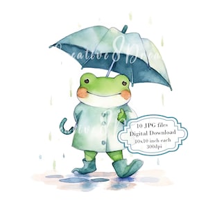 Adorable Little Frog Holding Umbrella in Rain Clipart Bundle- 10 High Quality Watercolor JPGs- Journaling, Scrapbooking, Digital Download