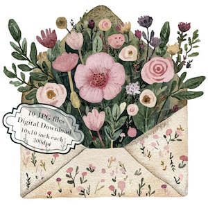 Paquete de imágenes prediseñadas de flores de primavera en un sobre vintage: 10 archivos JPG de acuarela de alta calidad. Material para manualidades, diarios, álbumes de recortes y descarga digital.