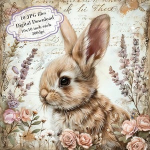 Paquete de imágenes prediseñadas de conejito floral estilo shabby chic vintage: 10 archivos JPG de acuarela de alta calidad para diario, álbum de recortes y descarga digital.