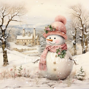 Shabby Chic Pink Snowman in Winter Scenery JPG Clipart Bundle- Digital Download