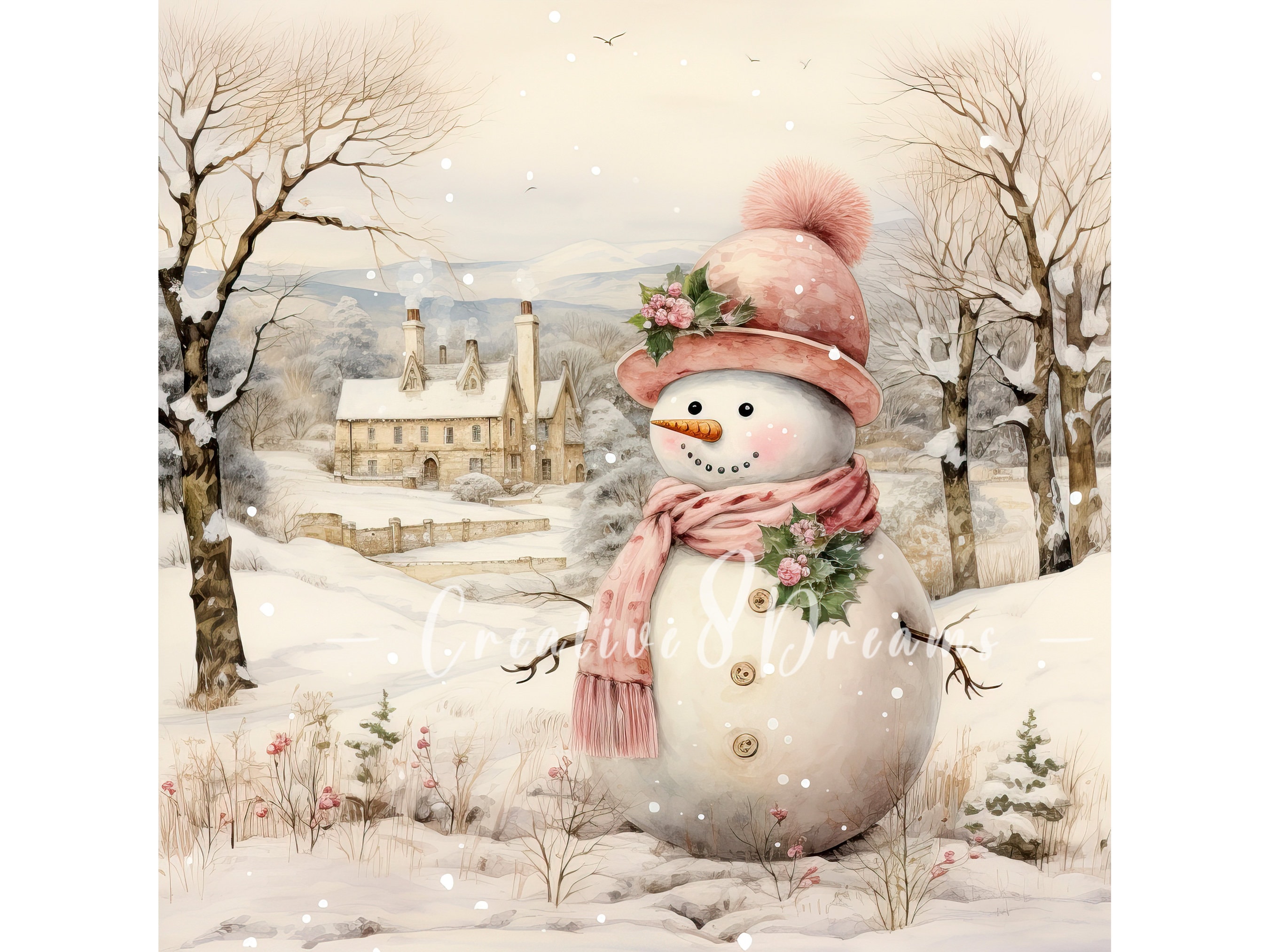 Shabby Chic Pink Snowman in Winter Scenery Clipart Bundle- 10 High Quality Watercolor JPGs- Christmas, Craft, Scrapbooking, Digital Download