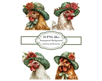 Vintage Hen with Green Floral Polka Dot Hat PNG Clipart Bundle- Digital Download