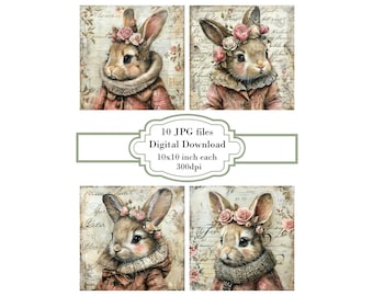 Shabby Chic Bunny with Pink Flowers Vintage Page JPG Clipart Bundle- Digital Download