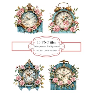 Vintage Rustic Teal Clock with Pink Roses PNG Clipart Bundle- Digital Download