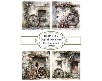 Old Wheel by a Brick Wall Overgrown with Roses JPG Clipart Bundle- Digital Download