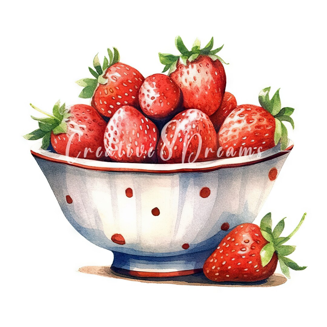 Strawberries in a Ceramic Bowl Bundle- 10 High Quality Watercolor Jpgs ...