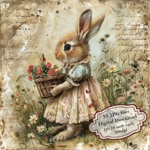 Kaninchen im Kleid mit Blumenkorb Vintage Seite Clipart Bundle - 10 hochwertige Aquarell JPGs - Journaling, Scrapbook, digitaler Download