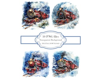 Vintage Christmas Train in Snowy Winter PNG Clipart Bundle- Digital Download