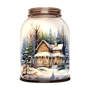 Paysage de cabane de forêt enneigée dans un bocal de cliparts - 10 JPG aquarelles de haute qualité - Art d'hiver, journalisation, scrapbooking, téléchargement numérique