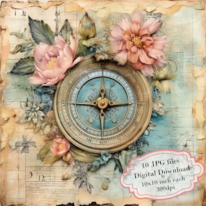 Shabby Chic Blumen Kompass und Karte Clipart Bundle - 10 hochwertige Aquarell JPGs - Decoupage, Journaling, Scrapbooking, digitaler Download