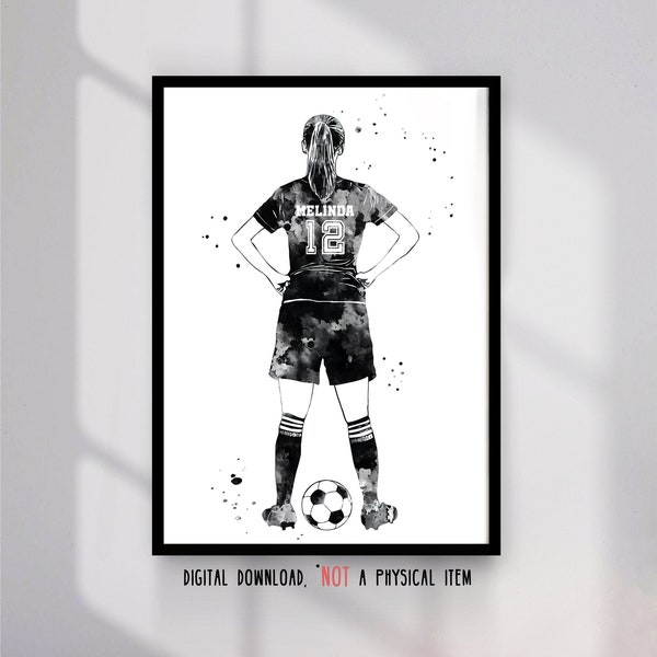 Soccer Player Girl Personalized Custom Name and Number Sport Poster Watercolor European Football Player Gift Printable Wall Art