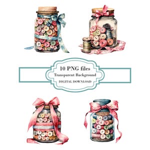 Vintage sömnadsknappar i en burk med band PNG Clipart-paket - digital nedladdning