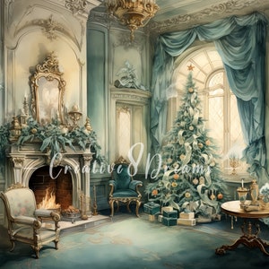 Pacchetto di clipart per la stanza natalizia in stile barocco blu - 10 JPG acquerellati di alta qualità - Vacanze invernali, journaling, forniture per album, download digitale