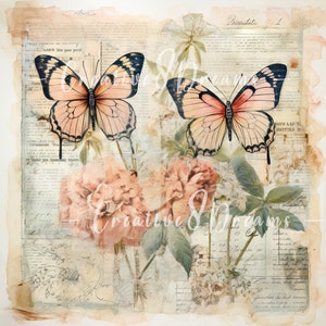 Shabby Chic Schmetterling Vintage Zeitungen Clipart Bundle - 10 hochwertige Aquarell JPGs - Decoupage, Journaling, Scrapbook, digitaler Download