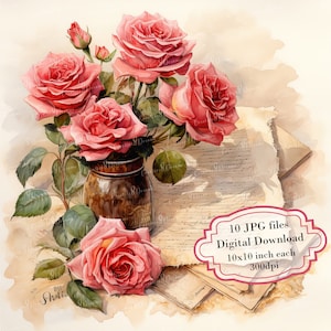 Paquete de imágenes prediseñadas de cartas de amor vintage: 10 archivos JPG de acuarela de alta calidad para San Valentín, diario, scrapbooking y descarga digital.