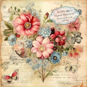 Pacchetto di clipart di pagine vintage floreali shabby chic - 10 JPG acquerellati di alta qualità - Decoupage, journaling, scrapbooking, download digitale