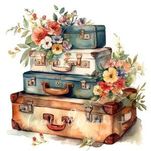 Paquete de imágenes prediseñadas de maletas florales vintage: 10 archivos JPG de acuarela de alta calidad. Ideal para viajes, diarios, scrapbooking, uso comercial y descarga digital.