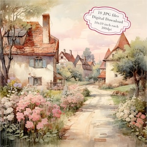 Pacote de clipart de caminho de aldeia com flores - 10 JPGs em aquarela de alta qualidade - Campo, diário, scrapbooking, download digital