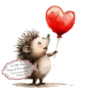Pacote de clipart de ouriço adorável segurando um balão em formato de coração - 10 JPGs em aquarela de alta qualidade - Diário, álbum de recortes, download digital
