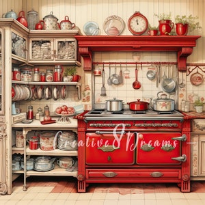 Shabby chique retro rode keuken clipart bundel-10 hoge kwaliteit aquarel jpg's-decoupage, journaling, scrapbook levering, digitale download
