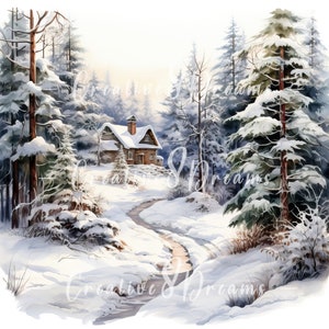 Chemin de terre vers une cabane en hiver paysage boisé Clipart Bundle - 10 JPG aquarelles de haute qualité - journalisation, scrapbooking, téléchargement numérique