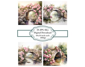 Shabby Chic Pink Roses on Stone Bridge Ruins JPG Clipart Bundle- Digital Download
