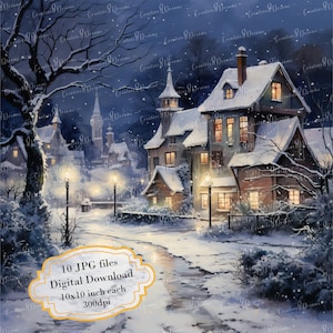 Pacchetto di clipart di strade cittadine innevate di Natale sotto il cielo notturno - 10 JPG di acquerelli di alta qualità - Artigianato, journaling, scrapbooking, download digitale