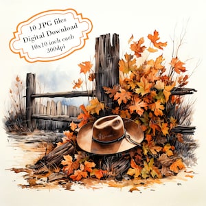 Cowboy Hat by an Autumn Rural Scenery JPG Clipart Bundle- Digital Download