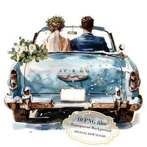Braut und Bräutigam in gerade verheiratet Hochzeit Auto Clipart Bundle - 10 hochwertige Aquarell PNGs - Liebe, Journaling, Scrapbook, digitaler Download