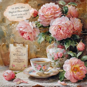 Shabby Chic Tasse Tee mit rosa Blumen Clipart Bundle - 10 hochwertige Aquarell JPGs - Journaling, Scrapbooking, digitaler Download