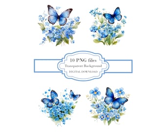 Blue Butterfly with Forget Me Not Flowers PNG Clipart Bundle- Digital Download