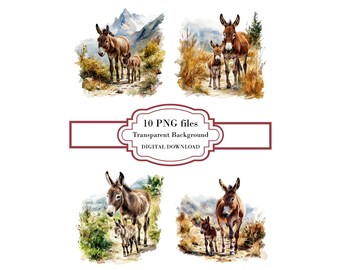 Mom Donkey and Foal Walking Together PNG Clipart Bundle- Digital Download