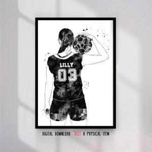 Handball Player Girl Holding Ball Personalized Custom Name and Number Watercolor Sport Poster Gift For Girls Digital Printable Art