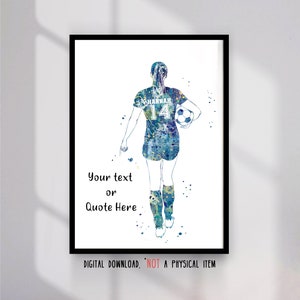 Soccer Player Girl Custom Quote Personalized Name and Number Sport Poster Watercolor European Football Player Gift Printable Wall Art