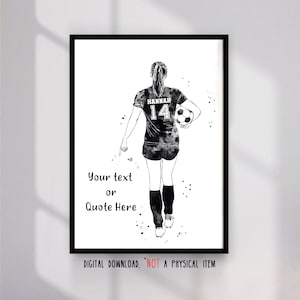 Póster deportivo con cita personalizada de jugadora de fútbol, nombre y número personalizados, acuarela, regalo de jugador de fútbol europeo, arte de pared imprimible