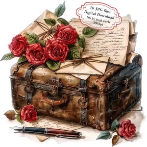 Paquete de imágenes prediseñadas de una maleta vintage con letras y rosas: 10 archivos JPG de acuarela de alta calidad para diario, scrapbooking y descarga digital.