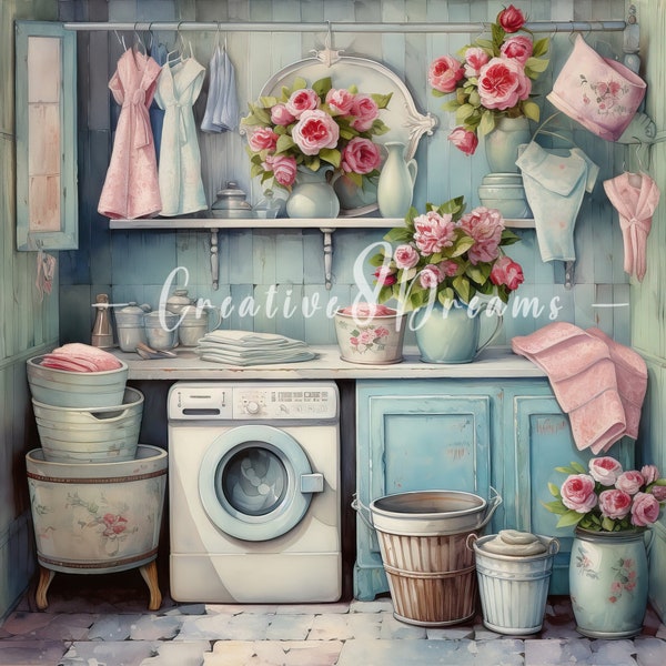 Shabby Chic Laundry Room Clipart Bundle- 10 High Quality Watercolor JPGs- Home, Decoupage, Junk Journaling, Scrapbooking, Digital Download