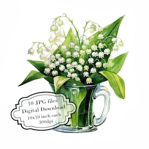 Pacchetto di clipart di mughetti in bicchieri di vetro - 10 immagini JPG di acquerelli di alta qualità - Giardino, artigianato, journaling, scrapbooking, download digitale