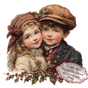 Bundle de cliparts vintage petite fille et garçon - 10 JPG aquarelles de haute qualité - Noël, journalisation, scrapbooking, téléchargement numérique